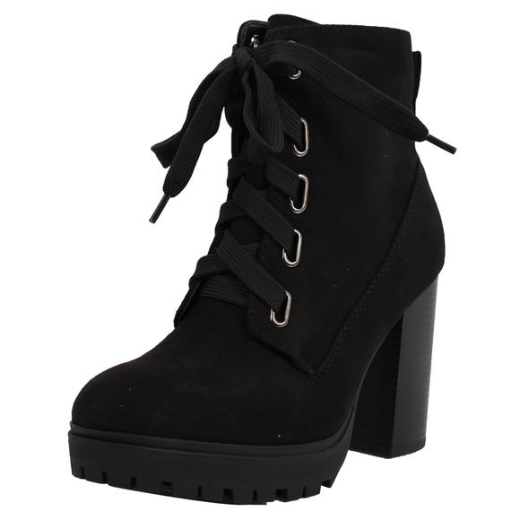 Shoes - Black Faux Suede Lace Up Stacked Block Boot